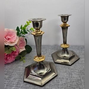 Vintage Set Brass & Silverplated Zinc Candlesticks 7" Tall x‎ 4" Base